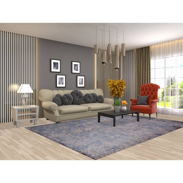 All-Over Blue Abstract Indian Area Rug Handmade Wool Carpet - 6'7"x 9'8"