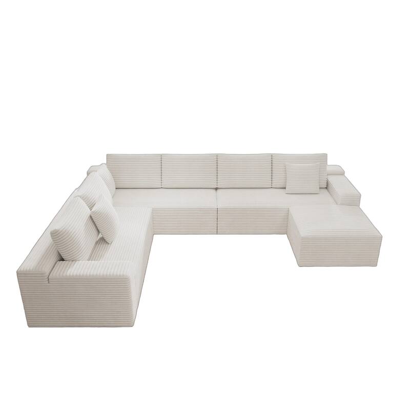 Roomfitters 137.8" Modular Sectional Sofa, 4-Piece Compressed Cloud Couch, No Assembly Required, Plush Corduroy, White