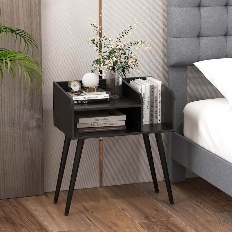Costway Mid Century Modern End Table with Open Shelves Metal Support - See Details