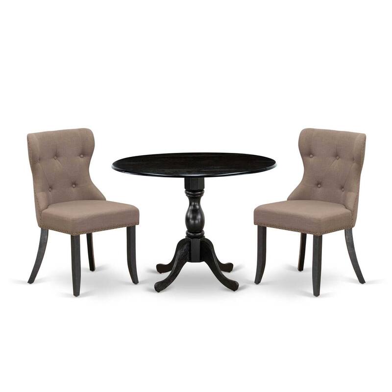 3-Piece Wire Brushed Black Solid Wood Top - Button Tufted Dining Room Set - Seats 4