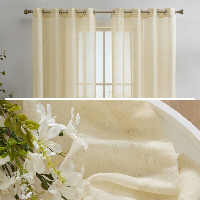 HLC.me Sierra Burlap Flax Linen Semi Sheer Light Filtering Transparent Window Grommet Thick Curtains Panels - Set of 2