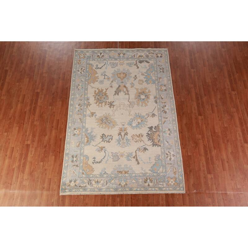 Hand Knotted Oriental 100% Wool Carpet Transitional All-Over Beige & Ivories Oushak Area Rug - 9' 0'' X 6' 1''