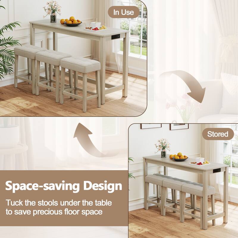 Gymax 4PCS Bar Table Set w/Charging Station 3 Padded Stools for Living