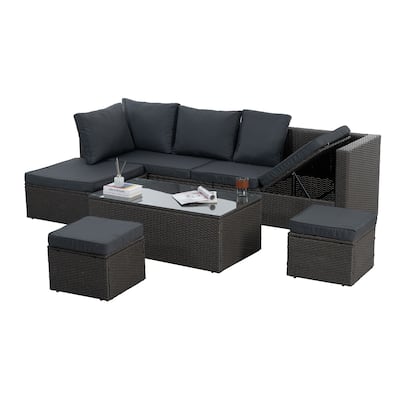 GDFStudio - Modern 7-Piece Outdoor PE Wicker Patio Set with Lounger Sofa, Seats 6