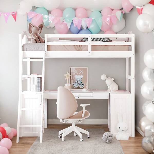 slide 2 of 49, Twin size Loft Bed with Drawers, Cabinet, Shelves and Desk, White White