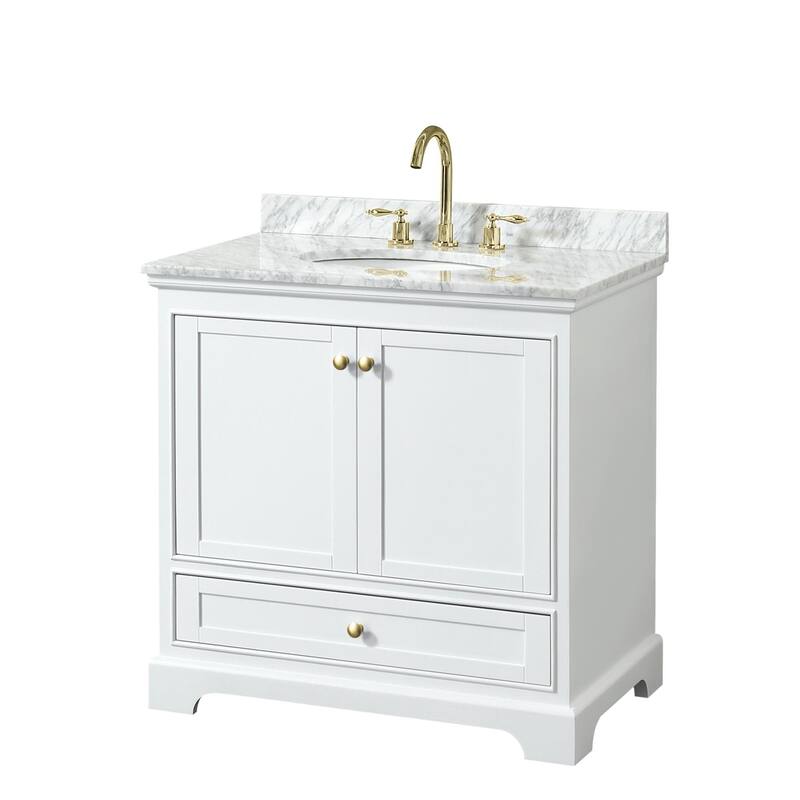 Wyndham Collection Deborah 36" Free Standing Single Vanity Set with - White / White Carrara Marble Top / Brushed Gold - Painted