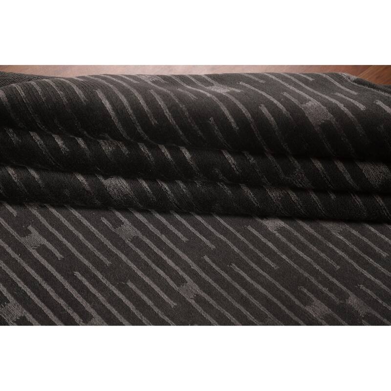 Striped Black Nepalese Indian Area Rug Hand-Knotted Wool Carpet - 9'0" x 11'8"