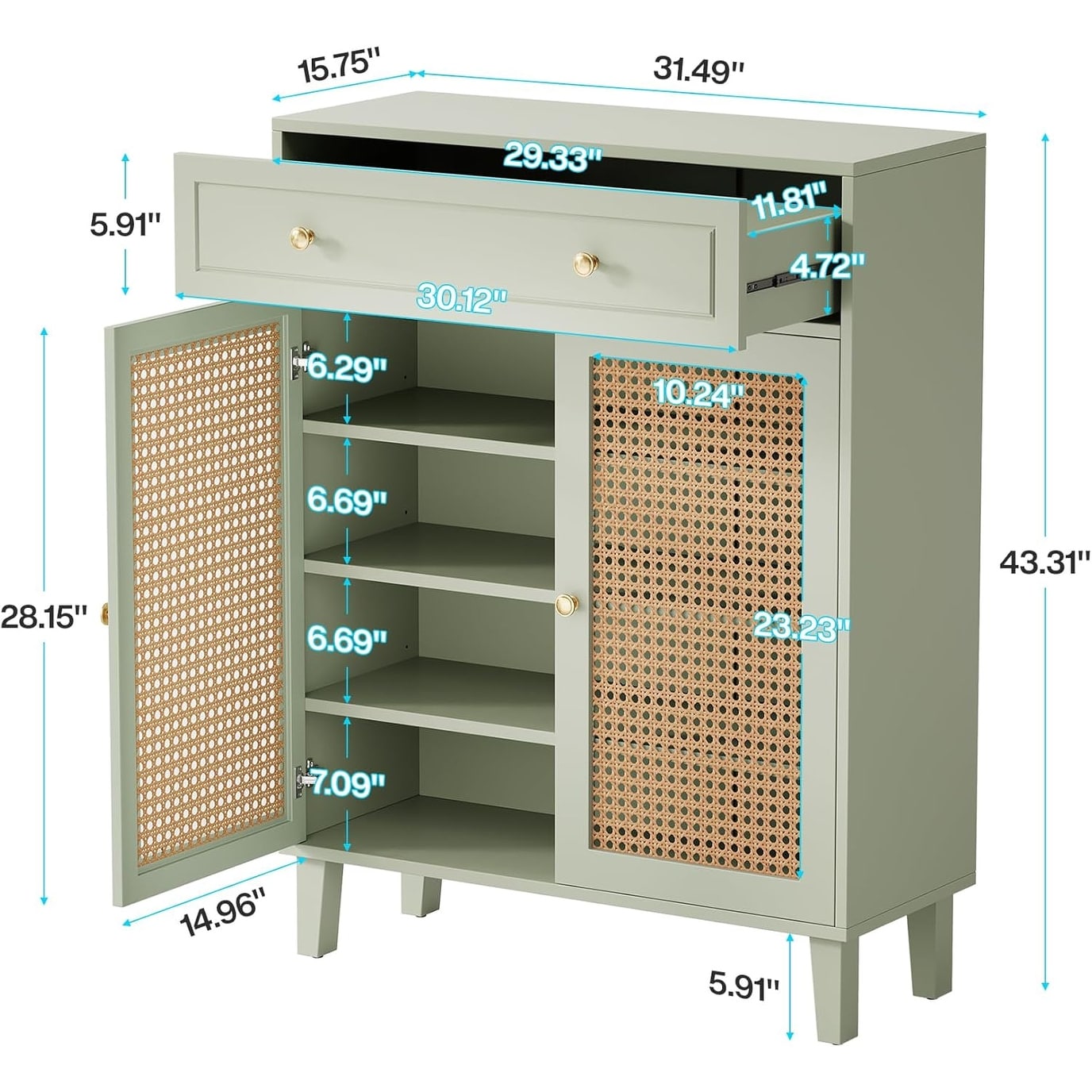 Shoe Cabinet with Doors and Drawer, Modern Rattan Shoe Storage