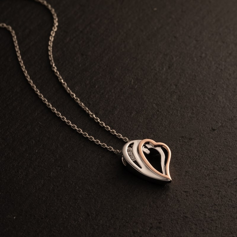 Two-Tone Sterling Silver Hearts Pendant, Adjustable Chain