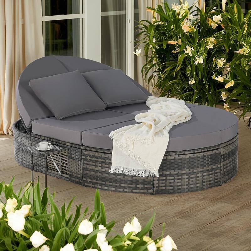 Outdoor Patio Rattan Round Daybed Sunbed with Adjustable Backrests and Foldable Cup Trays