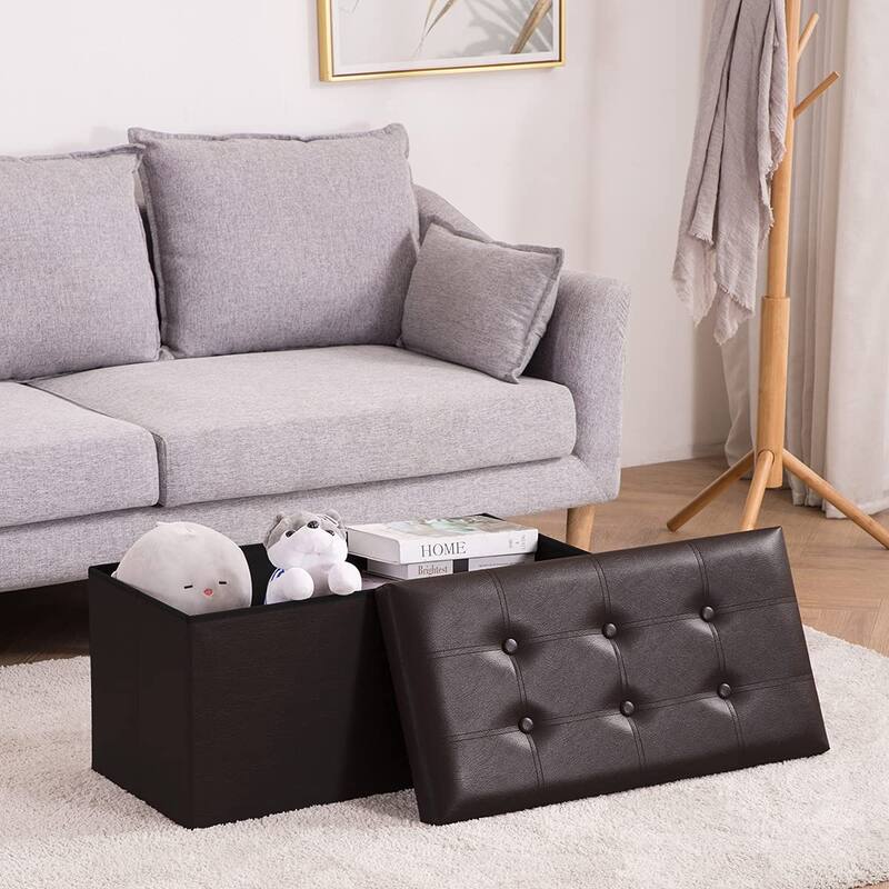 Folding Storage Ottoman Bench, Faux Leather Footrest Couch for Living Room, 30 inch Storage Bench with Padded Seat