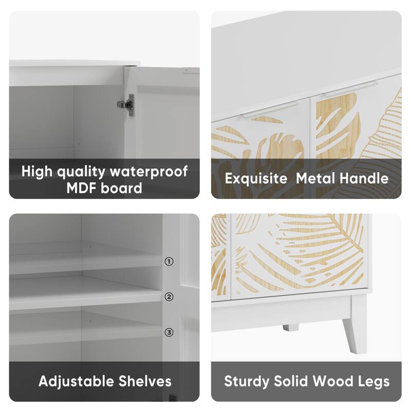 Roomfitters Coastal Storage Cabinet with Tropical Leaf Pattern Doors, Sideboard Buffet Organizer with Wood Accents, White