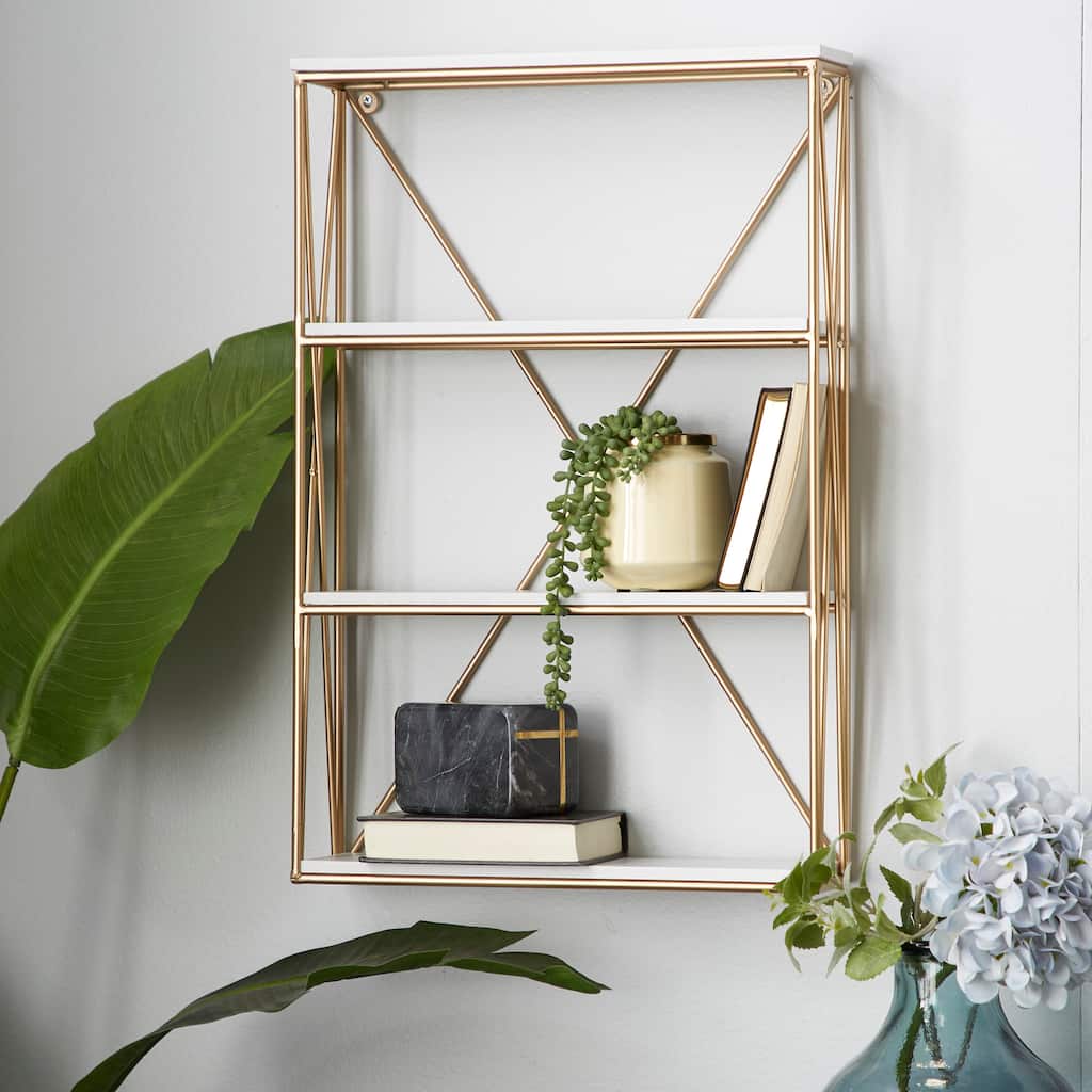 Gold Metal 3 Level Wall Shelf with White Wooden Shelves