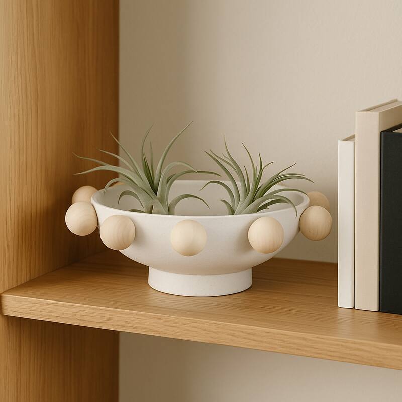 Wood and Metal Decorative Bowl with Fir Sphere Accents - 13" - 13.0"