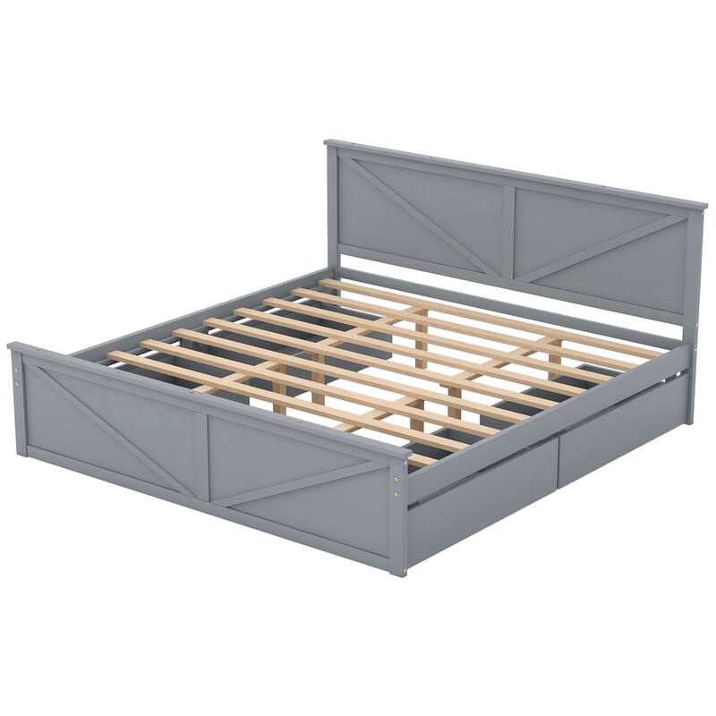 Gray King Size Wooden Platform Bed with Four Storage Drawers