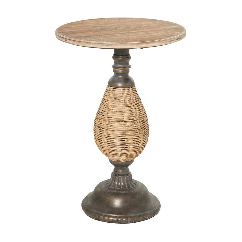 Wood Accent Table with Black Metal and Rattan Base - Brown - Roche River Decor - Brown