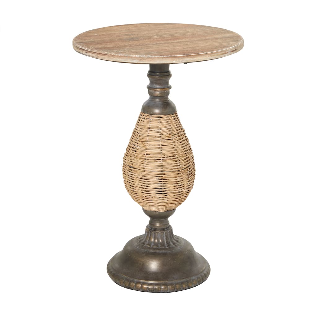 Wood Accent Table with Black Metal and Rattan Base - Brown - Roche River Decor