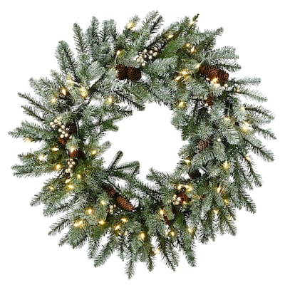 National Tree Company 30 in. Feel Real Snowy Morgan Spruce Wreath with Twinkly LED Lights - 30 in