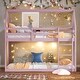 preview thumbnail 2 of 16, Pink Wood House Roof Twin over Twin Floor Bunk Bed with Ladder,Guardrails