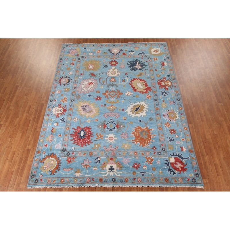 Blue Floral Oushak Area Rug Handmade Oriental Wool Carpet - 8'10"x 11'9"