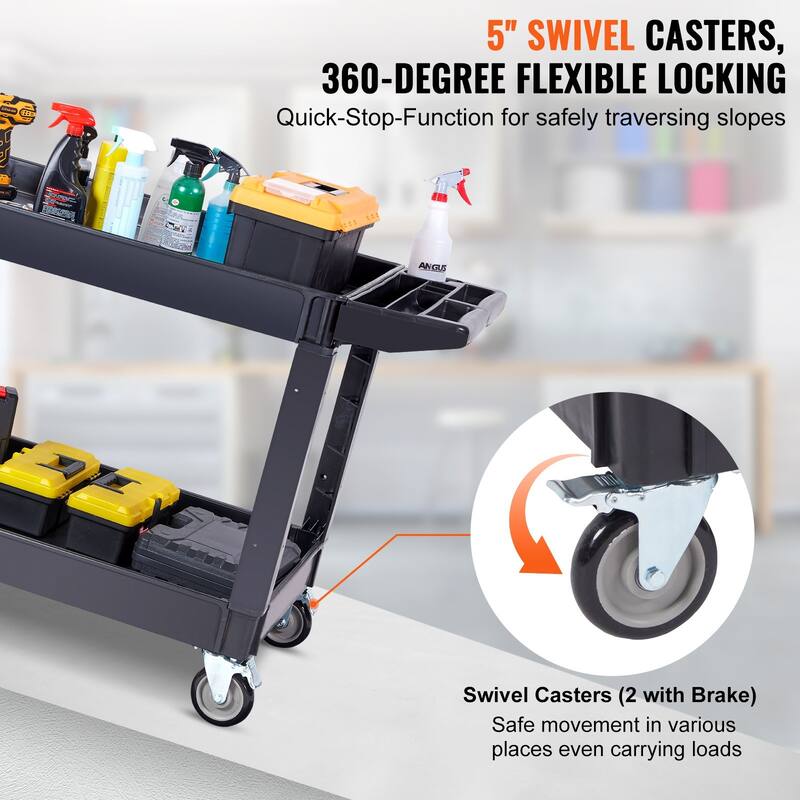 Black Heavy-Duty Plastic Utility Service Cart with 2 Storage Shelf and Lockable Swivel Wheels - 45.67 x 25.59 x33.46 in