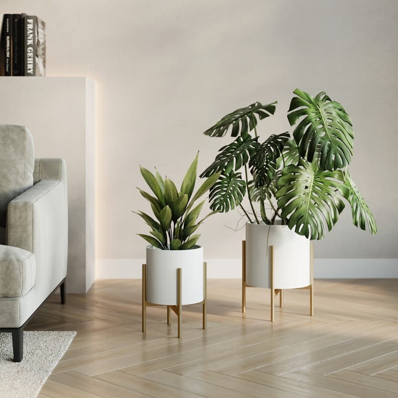 Raya White Indoor Metal Planter Pot With Loki Gold Metal Base Set - 12"H x 9.5"W x 9.5"D