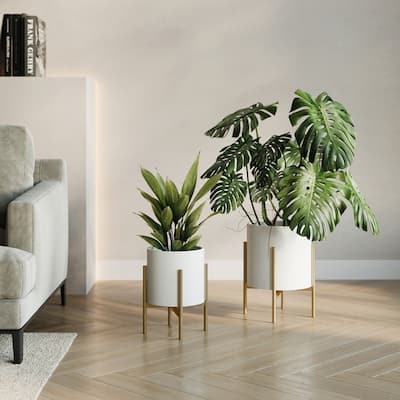 Raya White Indoor Metal Planter Pot With Loki Gold Metal Base Set - 12"H x 9.5"W x 9.5"D