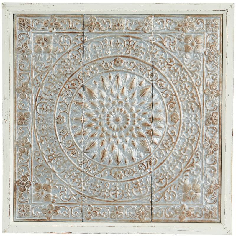 Brown Metal Embossed Mandala Scroll Floral Home Wall Decor with Gray Backing and White Wood Frame