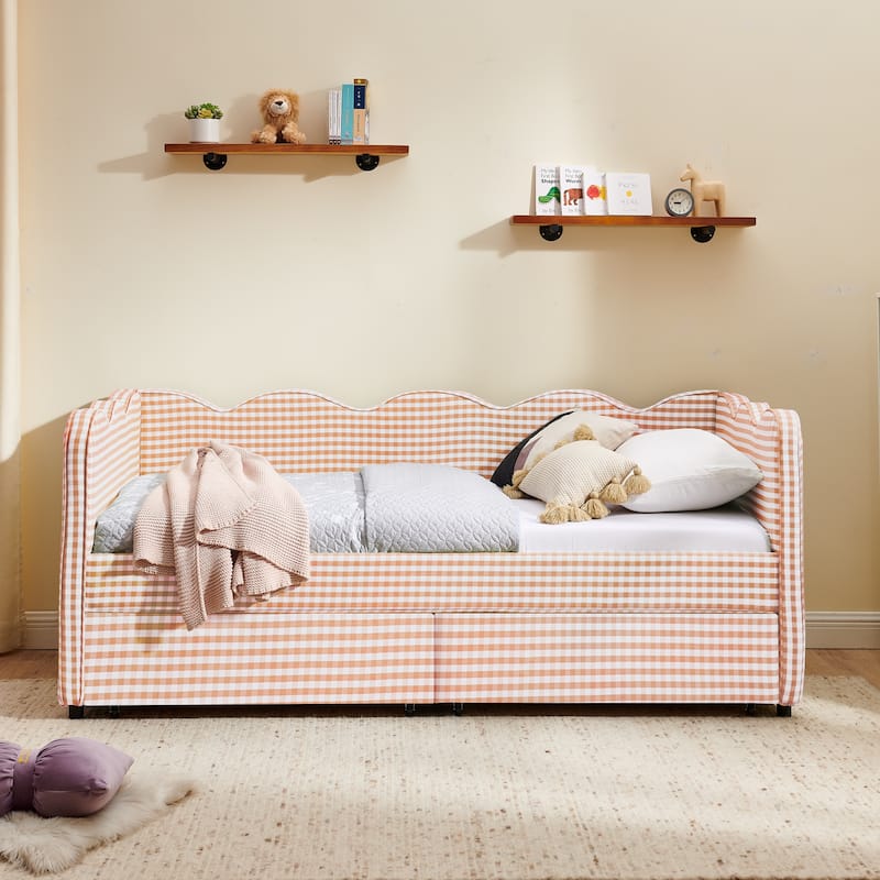 Twin Size Gingham Linen Upholstered Daybed with 2 Storage Drawers, USB Charging Station & Waved Arms