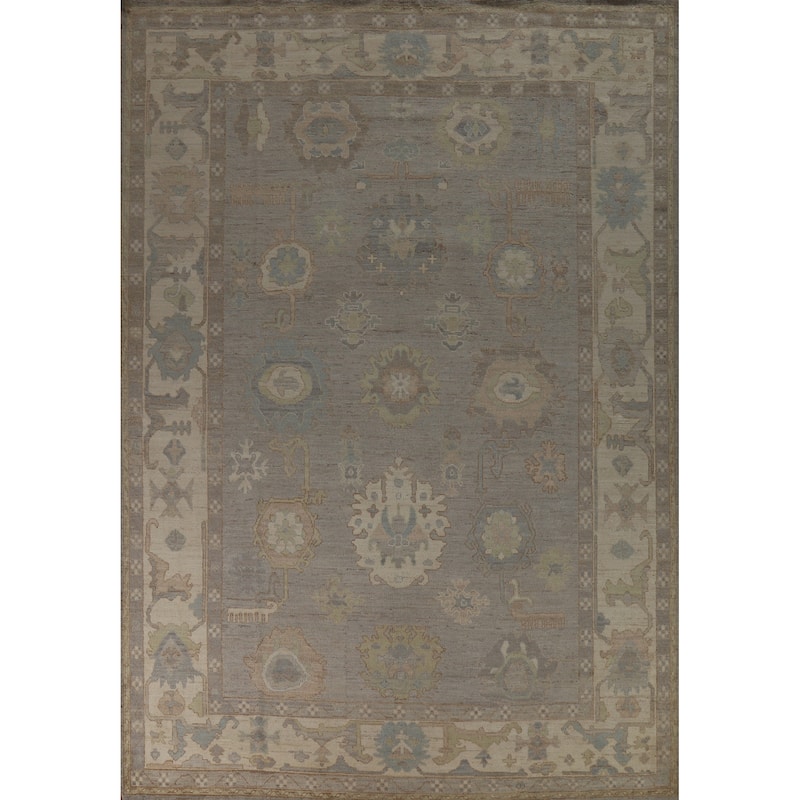 Vegetable Dye Oushak Turkish Area Rug Hand-Knotted Grey Wool Carpet - 9'2" x 12'4"