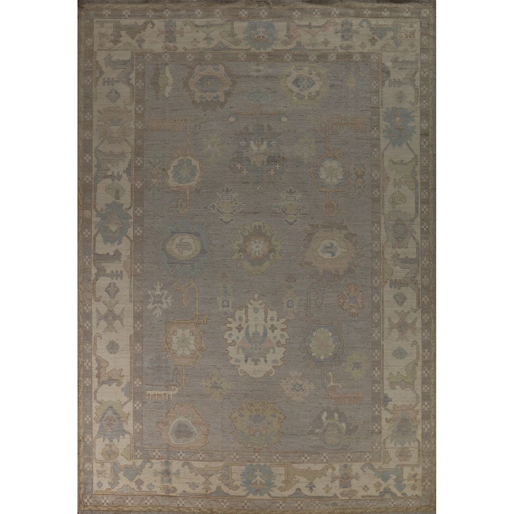 Hand Knotted Oriental 100% Wool Carpet Transitional All-Over Greys & Charcoal Oushak Area Rug - 12' 4'' X 9' 2''