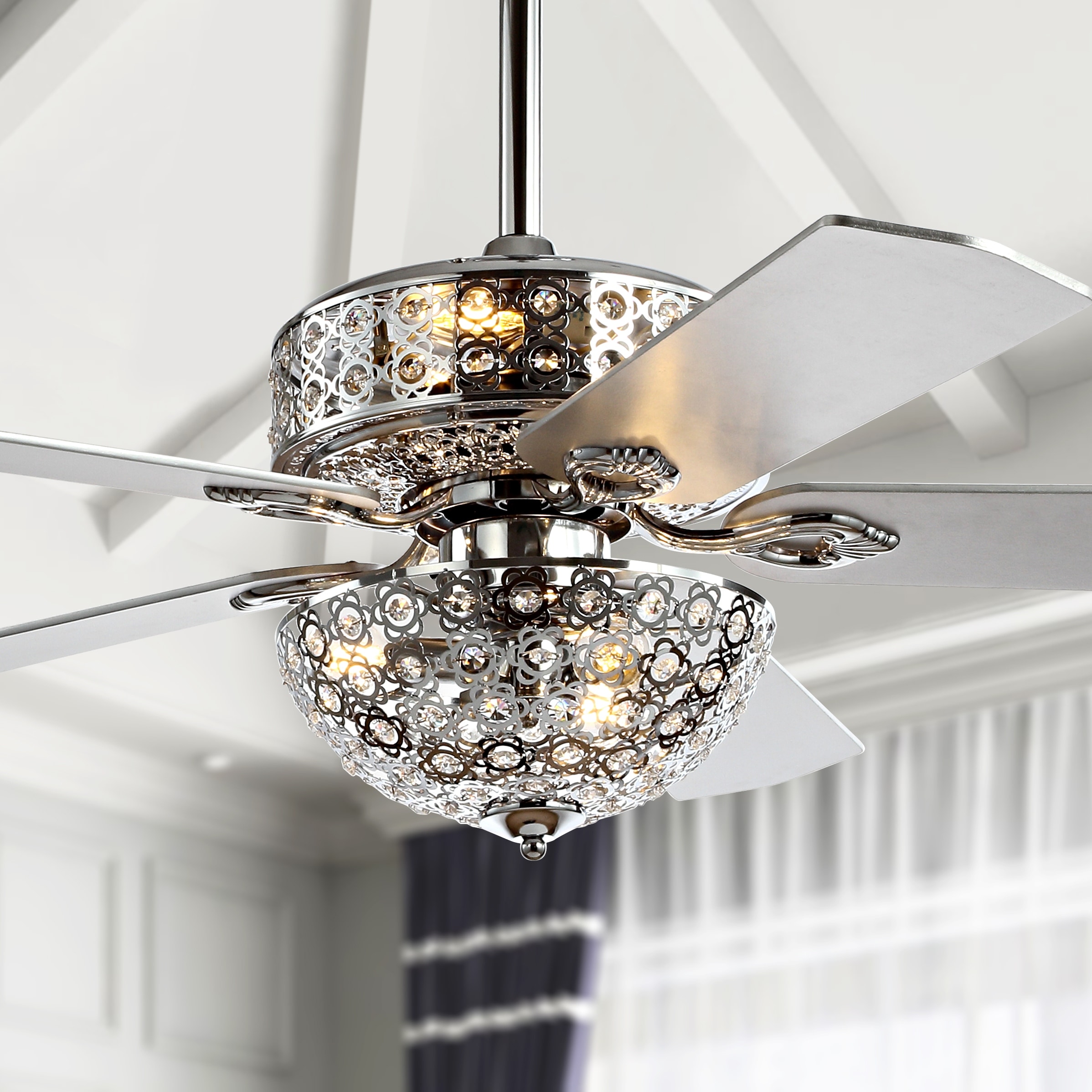 JONATHAN Y Asher 52" Filigree 6-Light Metal/Wood LED Ceiling Fan, Chrome