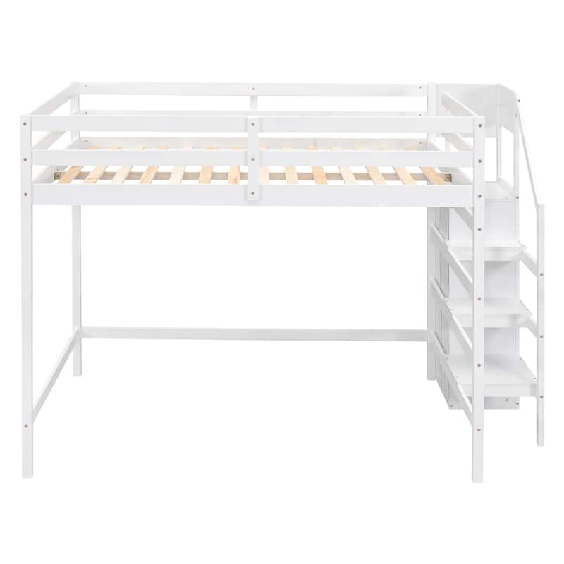 Full Size Loft Bed with Builtin Storage Wardrobe and Staircase On