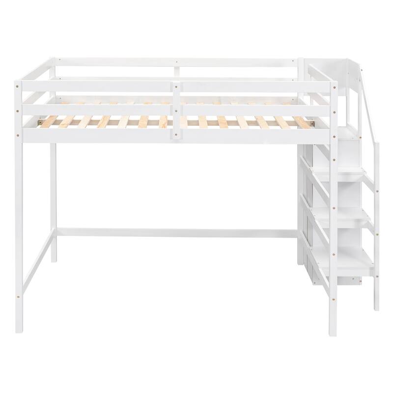 White Full Size Loft Bed with Storage Wardrobe & Staircase, Space-Saving Design