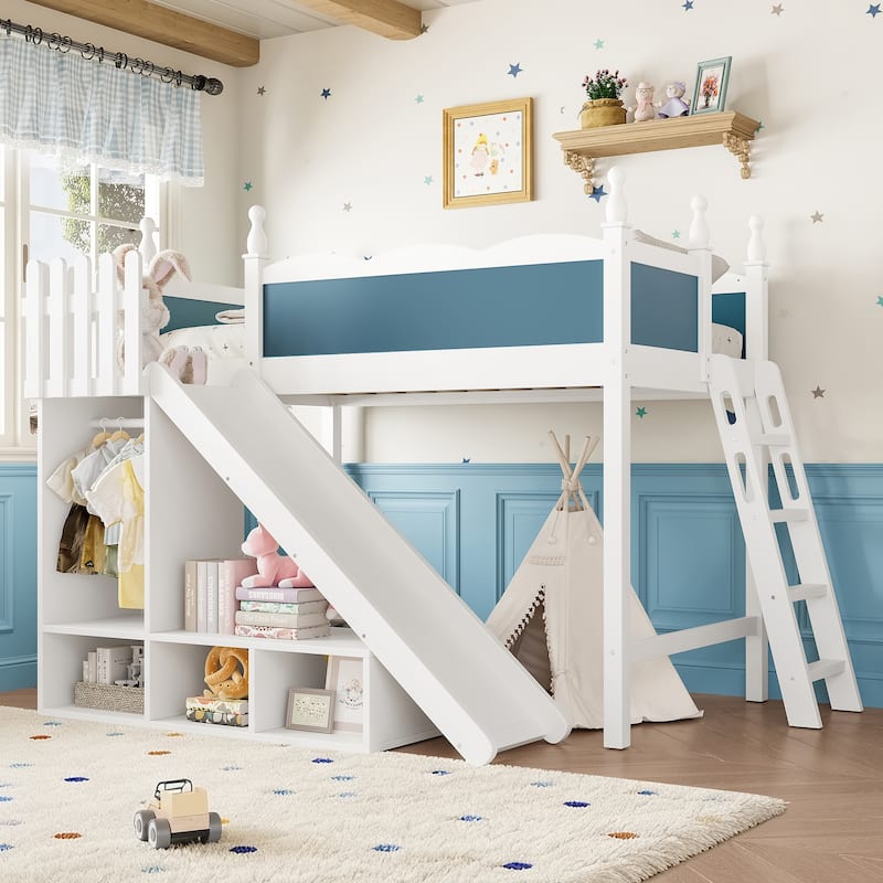 Twin Loft Bed with Storage Shelves and Wardrobe, Solid Wood Loft Beds with Detachable Slide and Ladders, No Spring Box Needed - White+Blue