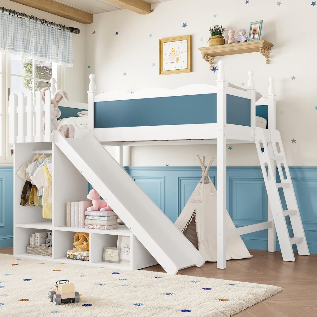 Twin Loft Bed with Storage Shelves and Wardrobe, Solid Wood Loft Beds with Detachable Slide and Ladders, No Spring Box Needed