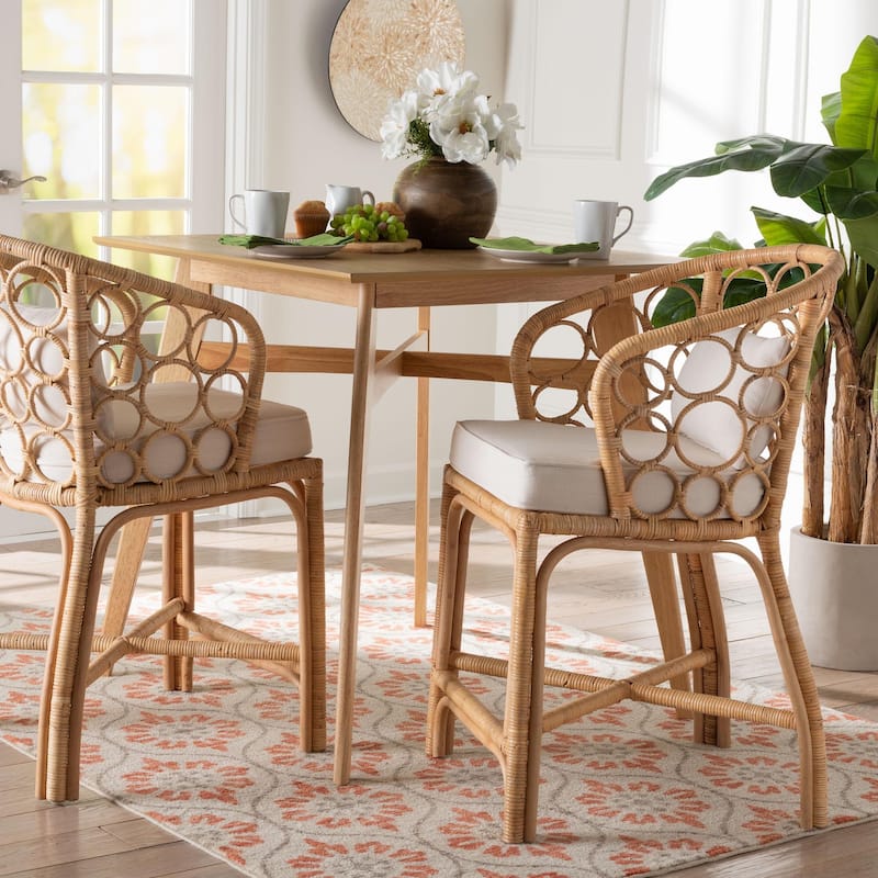 Prisca Natural Rattan Counter Stool with Bubble Frame - Handwoven Wicker Accent Stool with Round Back and Removable Cushions