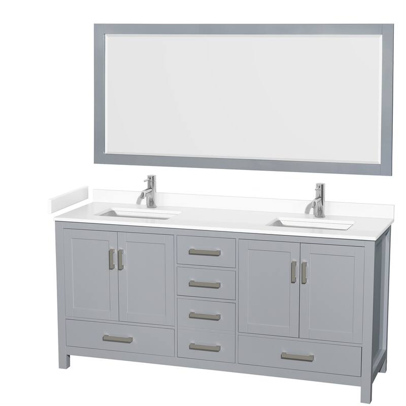 Sheffield Double Bathroom Vanity Set, Cultured Top, 70-Inch Mirror - 72-Inch Double - Gray, White Cultured Marble Top, Chrome Trim