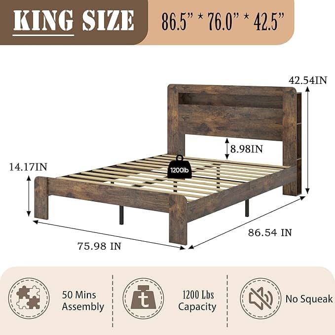 Wood Platform Bed Frame with Storage LED Light, King/Full/Queen Bed