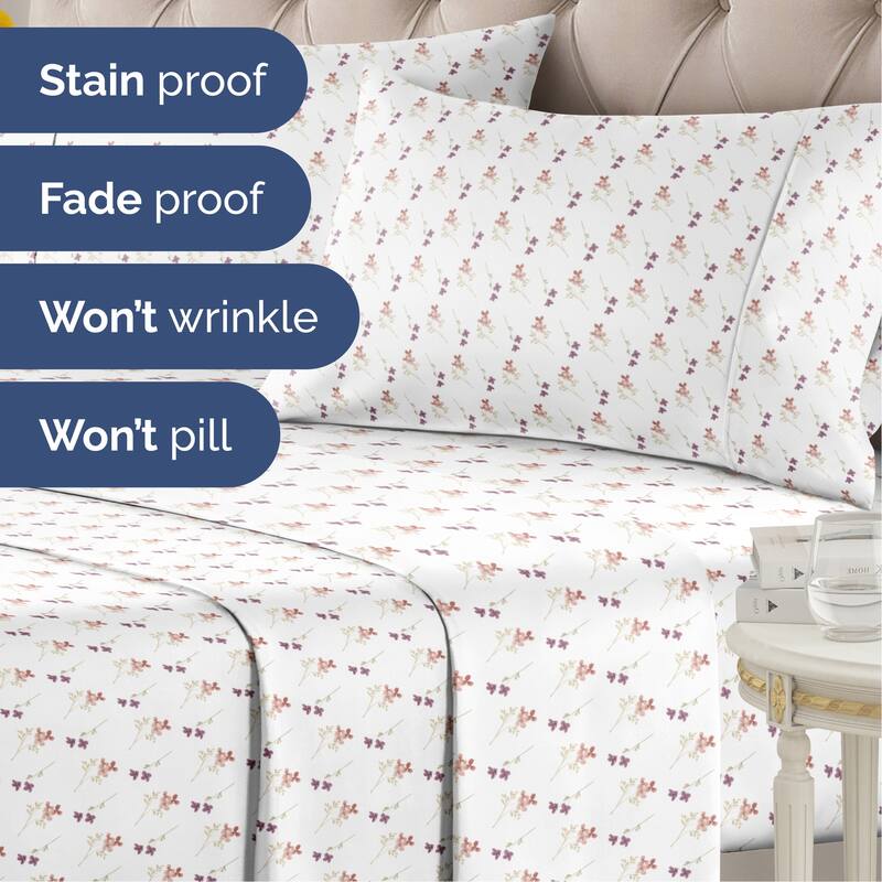 CGK Linens Luxurious 4 Piece Floral Sheet Set,Deep Pocket, Soft, Wrinkle-Resistant Pastel Botanical Bed Sheets