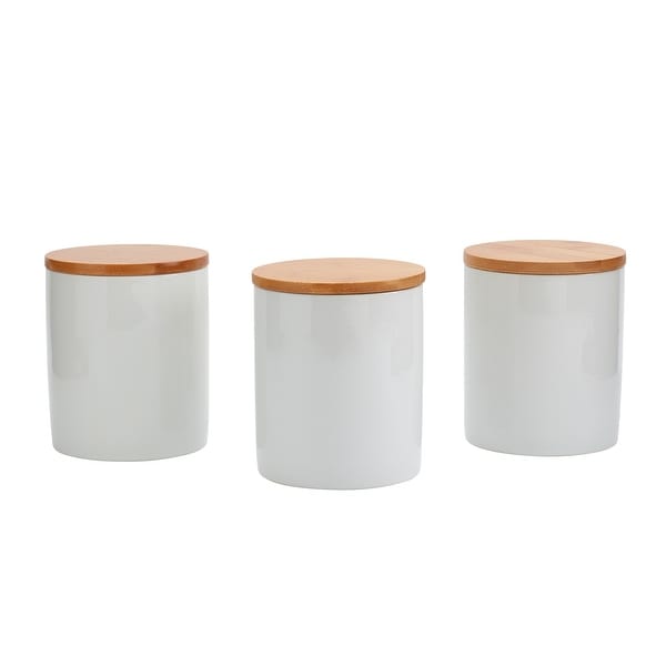 Set of 3 Bamboo & Ceramic Canister Set - White - On Sale - Bed