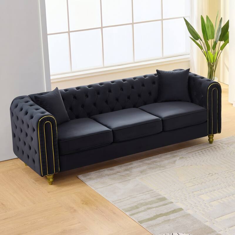 Roomfitters 86" and 63" Modern Tuxedo Chesterfield Sofa and Loveseat Set with Gold Trim, Button Back 2-Piece Couch Set