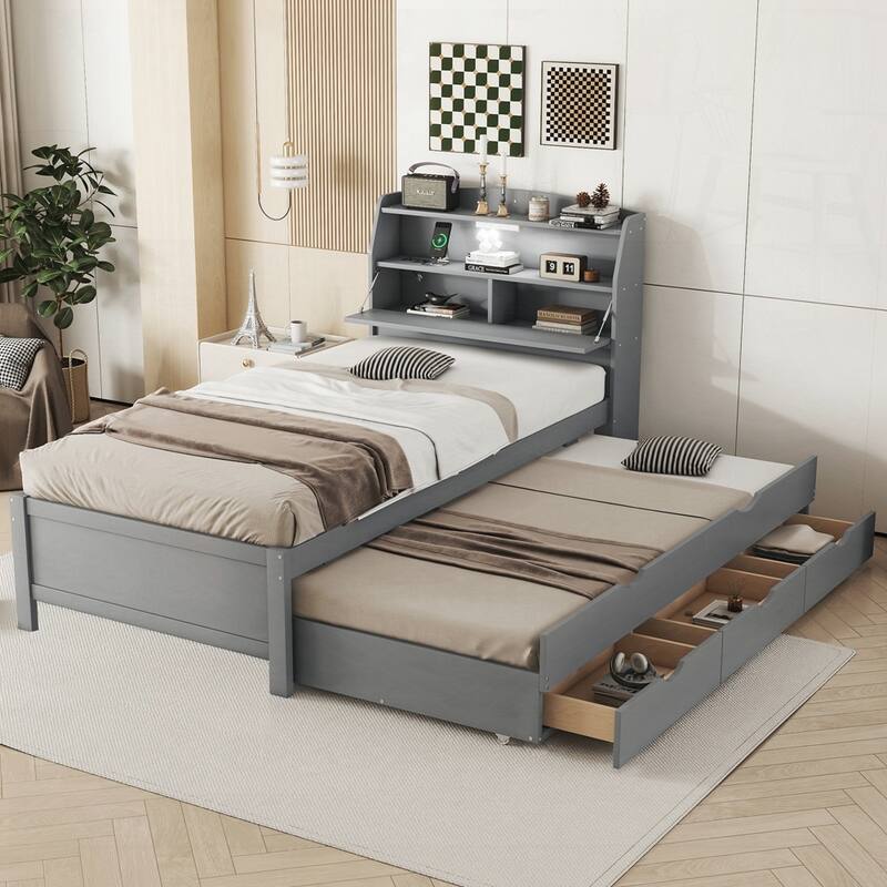 Wooden LED Platform Bed with Trundle