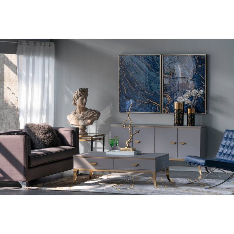 Set of 2, Modern Wall Decor Blue and Gold Framed Art Panels with Unique Marbled Design, for Home and office
