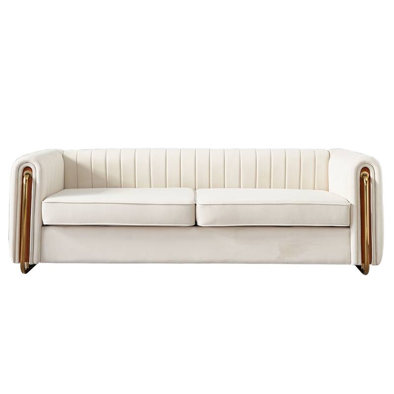 Luxurious Contemporary Velvet Sofa with Polished Gold Legs and Channel Tufting for Elegant Living Spaces - Beige