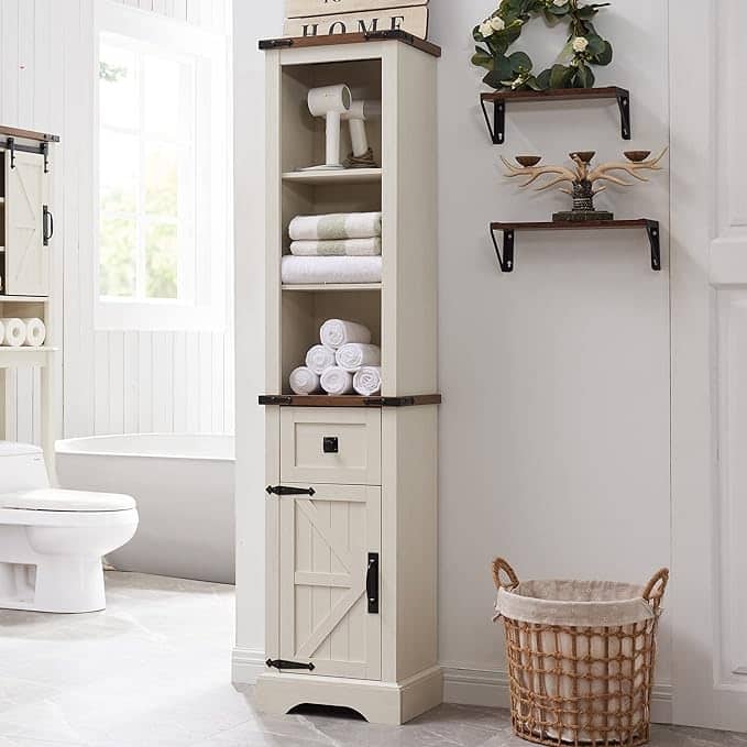 Farmhouse Bathroom Storage Cabinet, Storage Cabinet, Tall Linen Tower - White