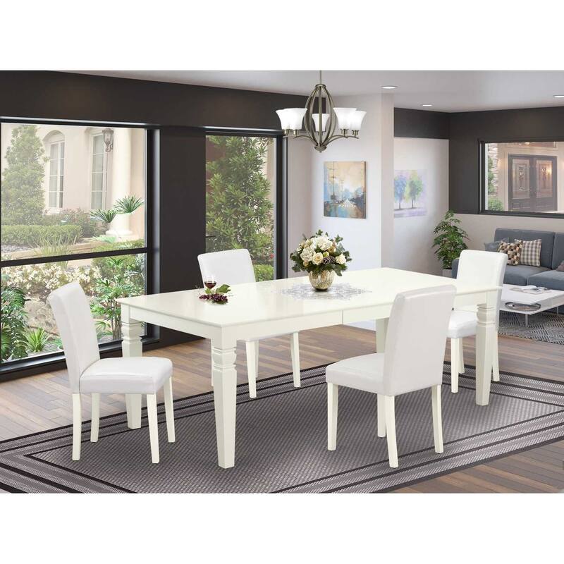 Mountain Lodge Dining Set - 5pc Rectangular Table & 4 Chairs - 66/84 Inch Table with Leaf - White PU Leather