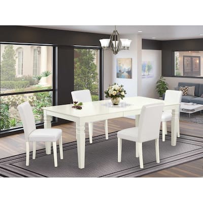 Mountain Lodge Dining Set - 5pc Rectangular Table & 4 Chairs - 66/84 Inch Table with Leaf - White PU Leather