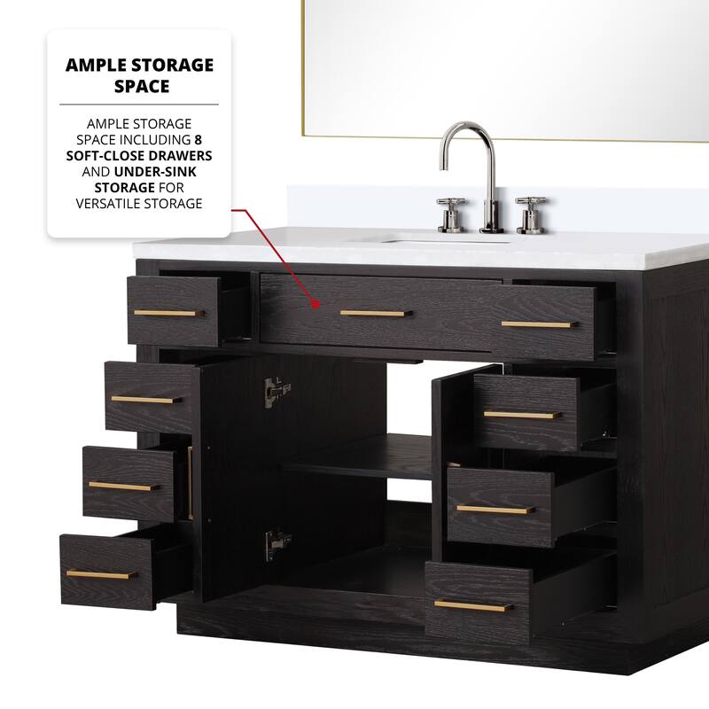 Abbey 48 in W x 22 in D Black Oak Single Bath Vanity, White Quartz Top, Faucet Set, and 46 in Mirror