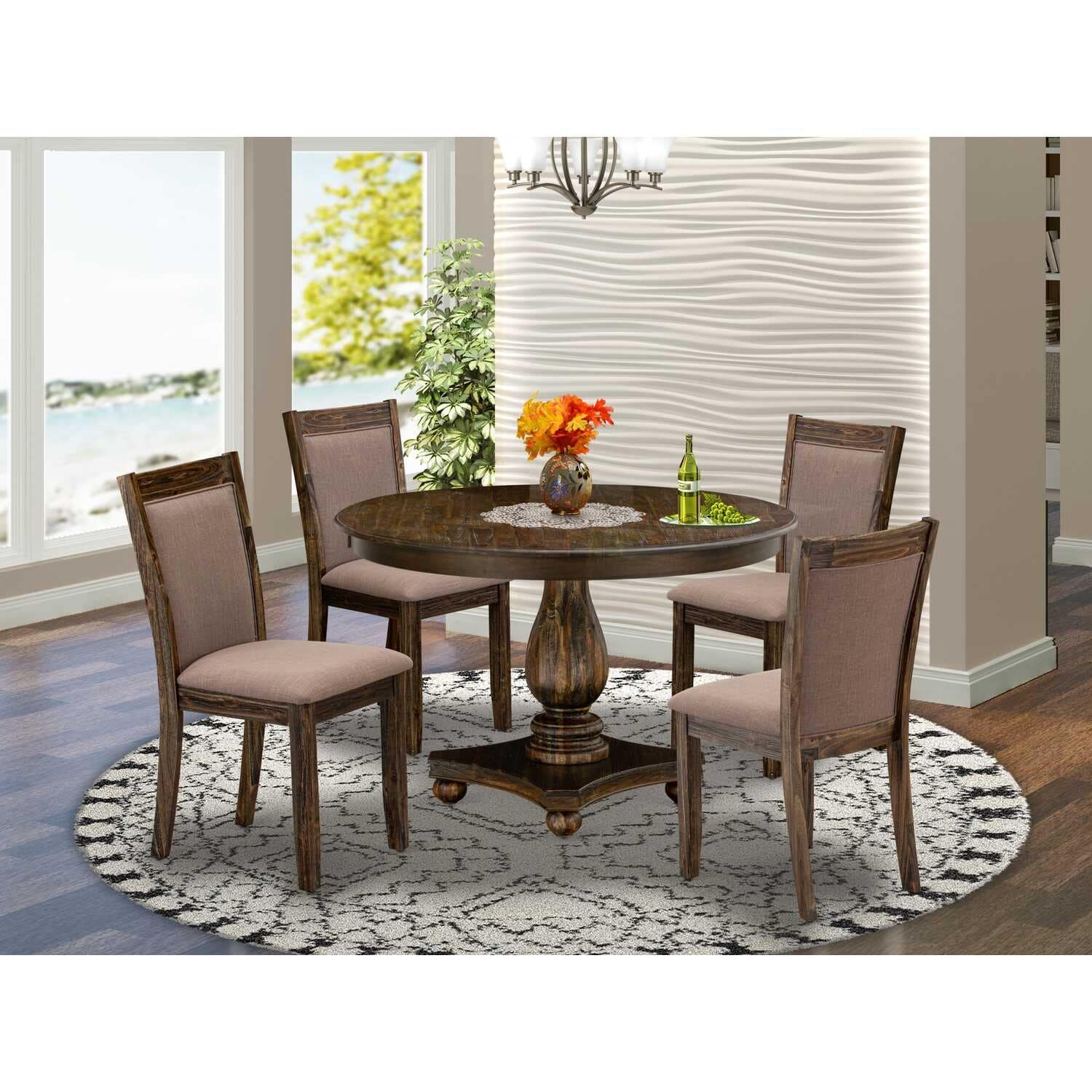 HomeStock 5-Piece Distressed Jacobean Finish Solid Wood Top Dining Table with 4 Parson Chair